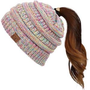 imageCC Exclusives Soft Stretch Cable Knit Messy Bun Ponytail Beanie Winter Hat for Women MB20APastel Multi