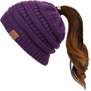 imageCC Exclusives Soft Stretch Cable Knit Messy Bun Ponytail Beanie Winter Hat for Women MB20APurple