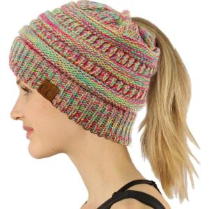 imageCC Exclusives Soft Stretch Cable Knit Messy Bun Ponytail Beanie Winter Hat for Women MB20AQuad Hot Pink