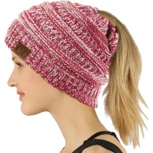 imageCC Exclusives Soft Stretch Cable Knit Messy Bun Ponytail Beanie Winter Hat for Women MB20AQuad Pink