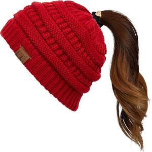 imageCC Exclusives Soft Stretch Cable Knit Messy Bun Ponytail Beanie Winter Hat for Women MB20ARed