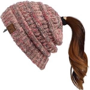 imageCC Exclusives Soft Stretch Cable Knit Messy Bun Ponytail Beanie Winter Hat for Women MB20ARose Multi
