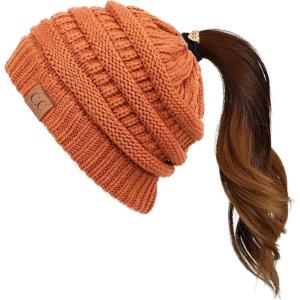 imageCC Exclusives Soft Stretch Cable Knit Messy Bun Ponytail Beanie Winter Hat for Women MB20ARust