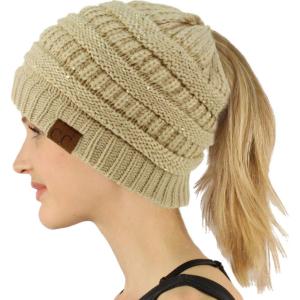 imageCC Exclusives Soft Stretch Cable Knit Messy Bun Ponytail Beanie Winter Hat for Women MB20ASequins Beige