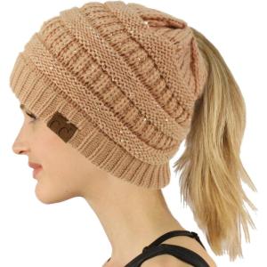 imageCC Exclusives Soft Stretch Cable Knit Messy Bun Ponytail Beanie Winter Hat for Women MB20ASequins Indi Pink
