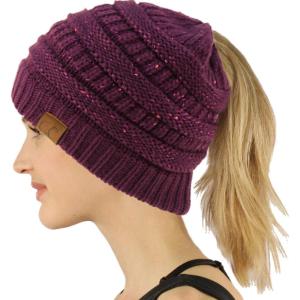 imageCC Exclusives Soft Stretch Cable Knit Messy Bun Ponytail Beanie Winter Hat for Women MB20ASequins Purple