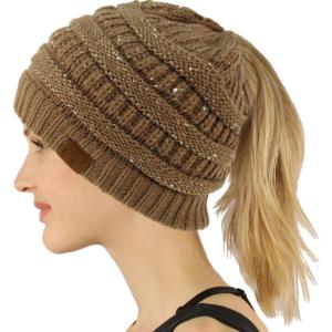 imageCC Exclusives Soft Stretch Cable Knit Messy Bun Ponytail Beanie Winter Hat for Women MB20ASequins Taupe