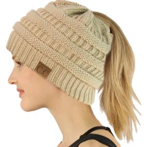 imageCC Exclusives Soft Stretch Cable Knit Messy Bun Ponytail Beanie Winter Hat for Women MB20ASolid Beige
