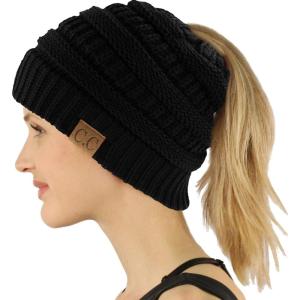 imageCC Exclusives Soft Stretch Cable Knit Messy Bun Ponytail Beanie Winter Hat for Women MB20ASolid Black