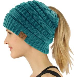 imageCC Exclusives Soft Stretch Cable Knit Messy Bun Ponytail Beanie Winter Hat for Women MB20ASolid Teal