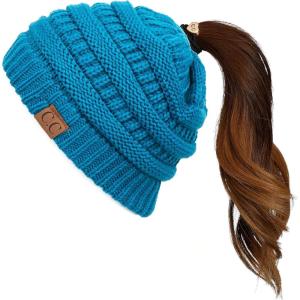 imageCC Exclusives Soft Stretch Cable Knit Messy Bun Ponytail Beanie Winter Hat for Women MB20ATeal