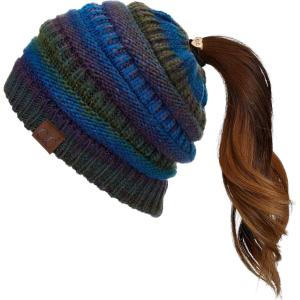 imageCC Exclusives Soft Stretch Cable Knit Messy Bun Ponytail Beanie Winter Hat for Women MB20ATeal Mix