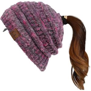 imageCC Exclusives Soft Stretch Cable Knit Messy Bun Ponytail Beanie Winter Hat for Women MB20AViolet Multi