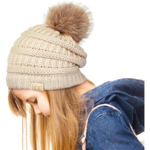 imageCC Exclusives Solid Ribbed Kids Beanie Hat with Faux Fur Pom KIDS43KIDS2061Beige