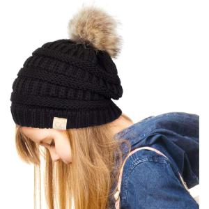 imageCC Exclusives Solid Ribbed Kids Beanie Hat with Faux Fur Pom KIDS43KIDS2061Black