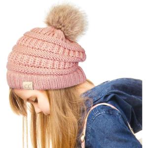 imageCC Exclusives Solid Ribbed Kids Beanie Hat with Faux Fur Pom KIDS43KIDS2061Indi Pink