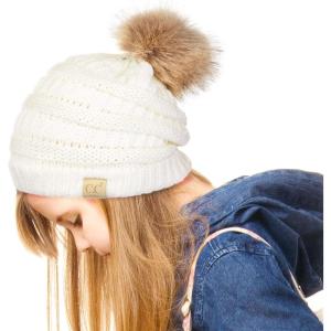 imageCC Exclusives Solid Ribbed Kids Beanie Hat with Faux Fur Pom KIDS43KIDS2061Ivory