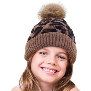 imageCC Exclusives Solid Ribbed Kids Beanie Hat with Faux Fur Pom KIDS43KIDS2061Leopardmocha