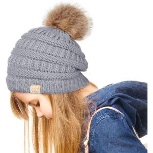 imageCC Exclusives Solid Ribbed Kids Beanie Hat with Faux Fur Pom KIDS43KIDS2061Ltmelgrey