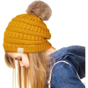 imageCC Exclusives Solid Ribbed Kids Beanie Hat with Faux Fur Pom KIDS43KIDS2061Mustard