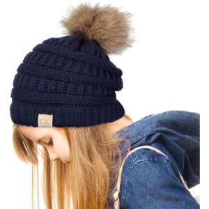 imageCC Exclusives Solid Ribbed Kids Beanie Hat with Faux Fur Pom KIDS43KIDS2061Navy