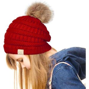 imageCC Exclusives Solid Ribbed Kids Beanie Hat with Faux Fur Pom KIDS43KIDS2061Red