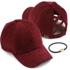imageCC Exclusives Stone Washed Corduroy CrissCross Ponytail Baseball Cap for Women Adjustable High Bun HatBerry