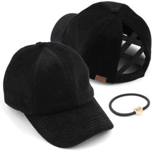 imageCC Exclusives Stone Washed Corduroy CrissCross Ponytail Baseball Cap for Women Adjustable High Bun HatBlack
