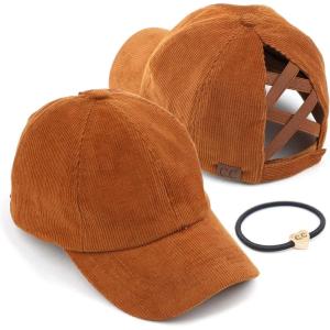 imageCC Exclusives Stone Washed Corduroy CrissCross Ponytail Baseball Cap for Women Adjustable High Bun HatCamel