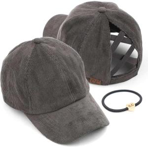 imageCC Exclusives Stone Washed Corduroy CrissCross Ponytail Baseball Cap for Women Adjustable High Bun HatGrey