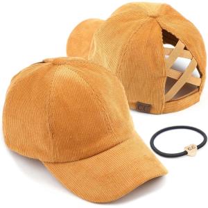 imageCC Exclusives Stone Washed Corduroy CrissCross Ponytail Baseball Cap for Women Adjustable High Bun HatHoney Mustard