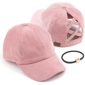 imageCC Exclusives Stone Washed Corduroy CrissCross Ponytail Baseball Cap for Women Adjustable High Bun HatMauve