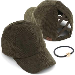 imageCC Exclusives Stone Washed Corduroy CrissCross Ponytail Baseball Cap for Women Adjustable High Bun HatOlive
