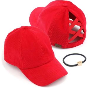 imageCC Exclusives Stone Washed Corduroy CrissCross Ponytail Baseball Cap for Women Adjustable High Bun HatRed