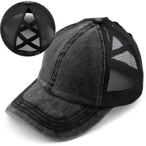 imageCC Exclusives Washed Distressed Cotton Denim CrissCross Ponytail Hat Baseball Cap BT1009Black