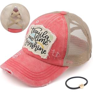 imageCC Exclusives Washed Distressed Embroidered Patch Cotton Denim CrissCross Ponytail Hat Adjustable Baseball CapA Elastic Bandtequila Coral