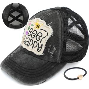 imageCC Exclusives Washed Distressed Embroidered Patch Cotton Denim CrissCross Ponytail Hat Adjustable Baseball CapBee Happy  Black