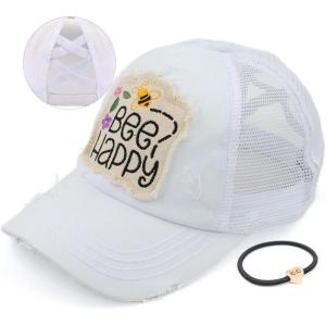 imageCC Exclusives Washed Distressed Embroidered Patch Cotton Denim CrissCross Ponytail Hat Adjustable Baseball CapBee Happy  White