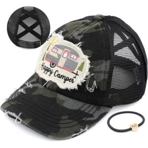 imageCC Exclusives Washed Distressed Embroidered Patch Cotton Denim CrissCross Ponytail Hat Adjustable Baseball CapHappy Camper  Black Camo
