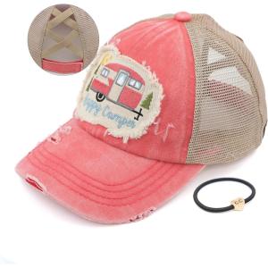 imageCC Exclusives Washed Distressed Embroidered Patch Cotton Denim CrissCross Ponytail Hat Adjustable Baseball CapHappy Camper  Coral