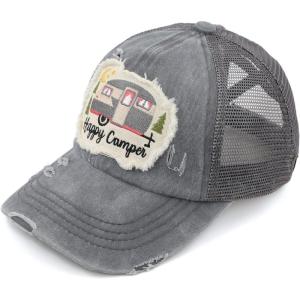 imageCC Exclusives Washed Distressed Embroidered Patch Cotton Denim CrissCross Ponytail Hat Adjustable Baseball CapHappy Camper  Grey