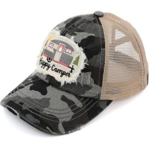imageCC Exclusives Washed Distressed Embroidered Patch Cotton Denim CrissCross Ponytail Hat Adjustable Baseball CapHappy Camper  Grey Camo