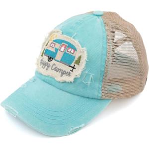 imageCC Exclusives Washed Distressed Embroidered Patch Cotton Denim CrissCross Ponytail Hat Adjustable Baseball CapHappy Camper  Mint