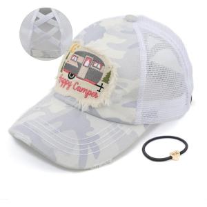 imageCC Exclusives Washed Distressed Embroidered Patch Cotton Denim CrissCross Ponytail Hat Adjustable Baseball CapHappy Camper  White Camo