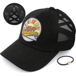 imageCC Exclusives Washed Distressed Embroidered Patch Cotton Denim CrissCross Ponytail Hat Adjustable Baseball CapHello Sunshine  Black