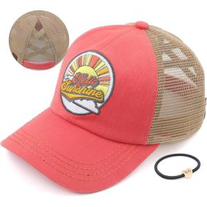 imageCC Exclusives Washed Distressed Embroidered Patch Cotton Denim CrissCross Ponytail Hat Adjustable Baseball CapHello Sunshine  Coral