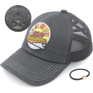 imageCC Exclusives Washed Distressed Embroidered Patch Cotton Denim CrissCross Ponytail Hat Adjustable Baseball CapHello Sunshine  Grey