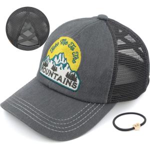imageCC Exclusives Washed Distressed Embroidered Patch Cotton Denim CrissCross Ponytail Hat Adjustable Baseball CapMountains  Grey