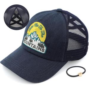 imageCC Exclusives Washed Distressed Embroidered Patch Cotton Denim CrissCross Ponytail Hat Adjustable Baseball CapMountains  Navy