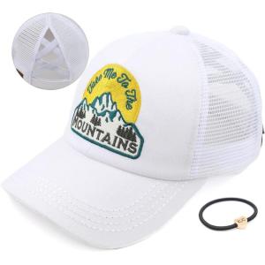 imageCC Exclusives Washed Distressed Embroidered Patch Cotton Denim CrissCross Ponytail Hat Adjustable Baseball CapMountains  White